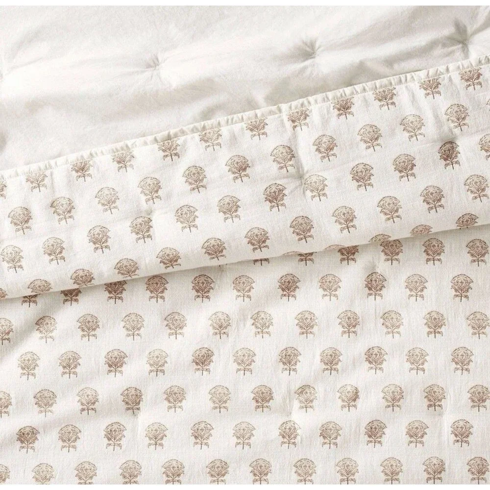 RARE Full/Queen Lofty Cotton Slub Woodblock Print Floral Quilt Off White/Mauve